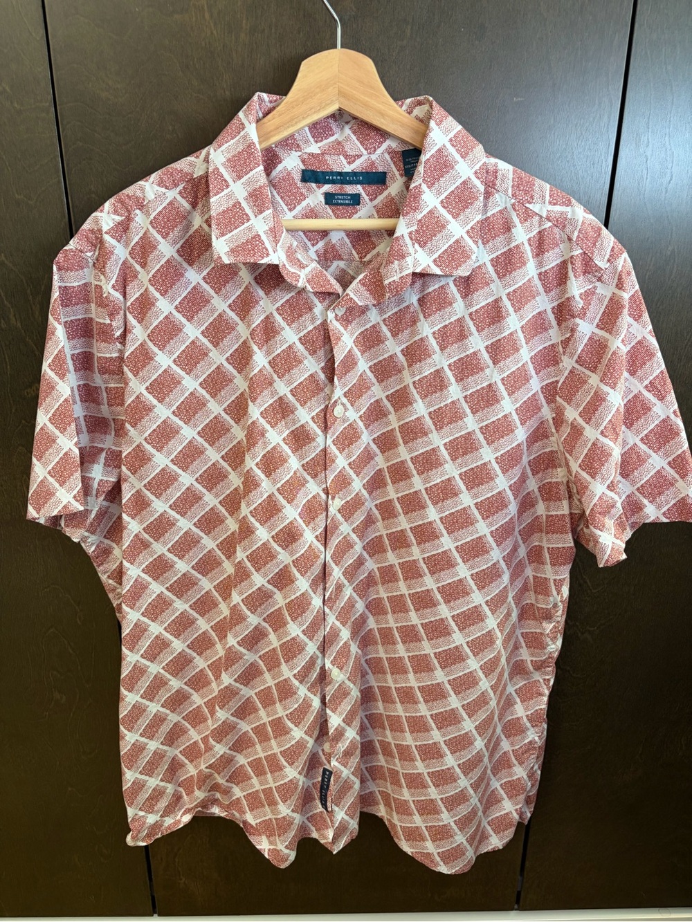 Perry Ellis Short-Sleeve Windowpane Button-Down in Rust and White